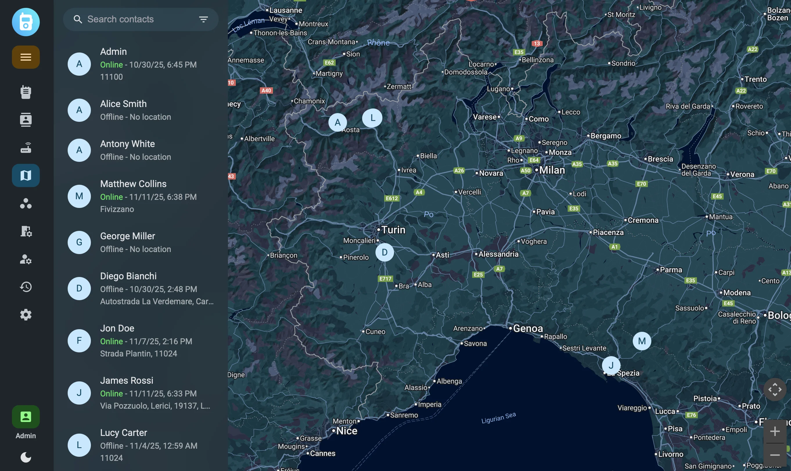 La mappa della console Respondr con la posizione GPS delle radio sul campo: l’operatore vede dove si trova il terminale che ha inviato l’allarme.