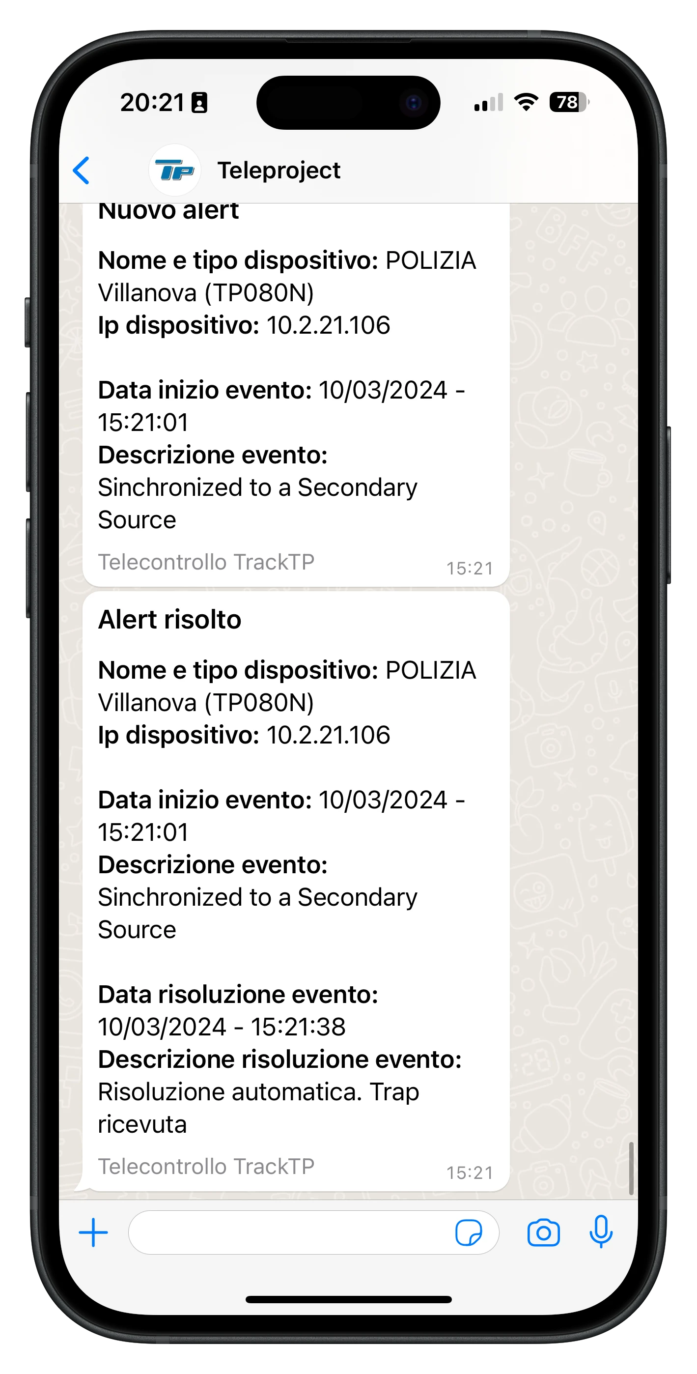 Track-TP, notifica di allarme recapitata su WhatsApp